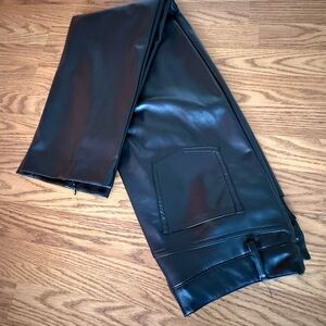 Black Faux Leather Straight-Leg Pants with Patch Pocket